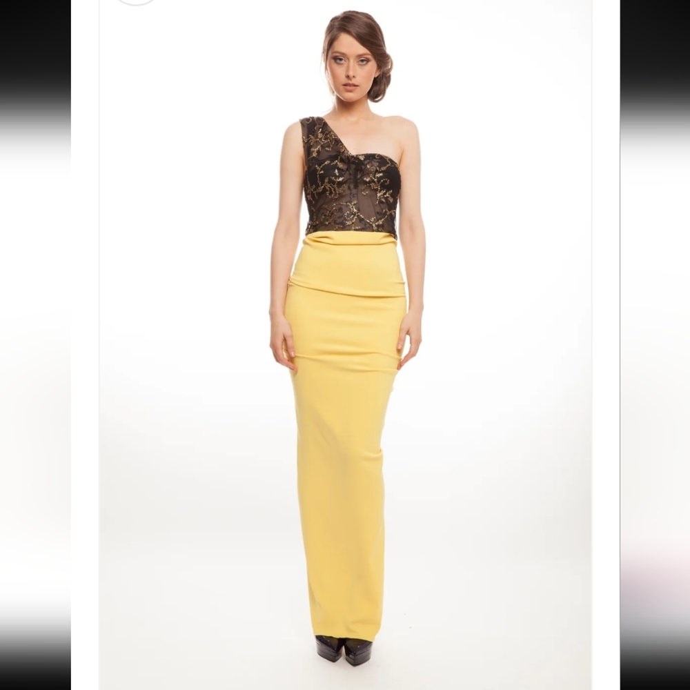 Issue New York One-Shoulder Yellow and Black Maxi Dress